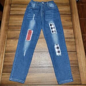 Kids Blue Denim Jeans w/ Front Cut-Out Patches Sequin - Size 5XL